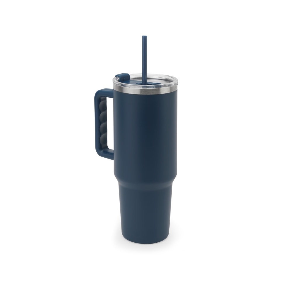 Copo de viagem térmico 1,3 litro em aço inox reciclado com canudo na cor Azul marinho, personalizado com a logo da empresa