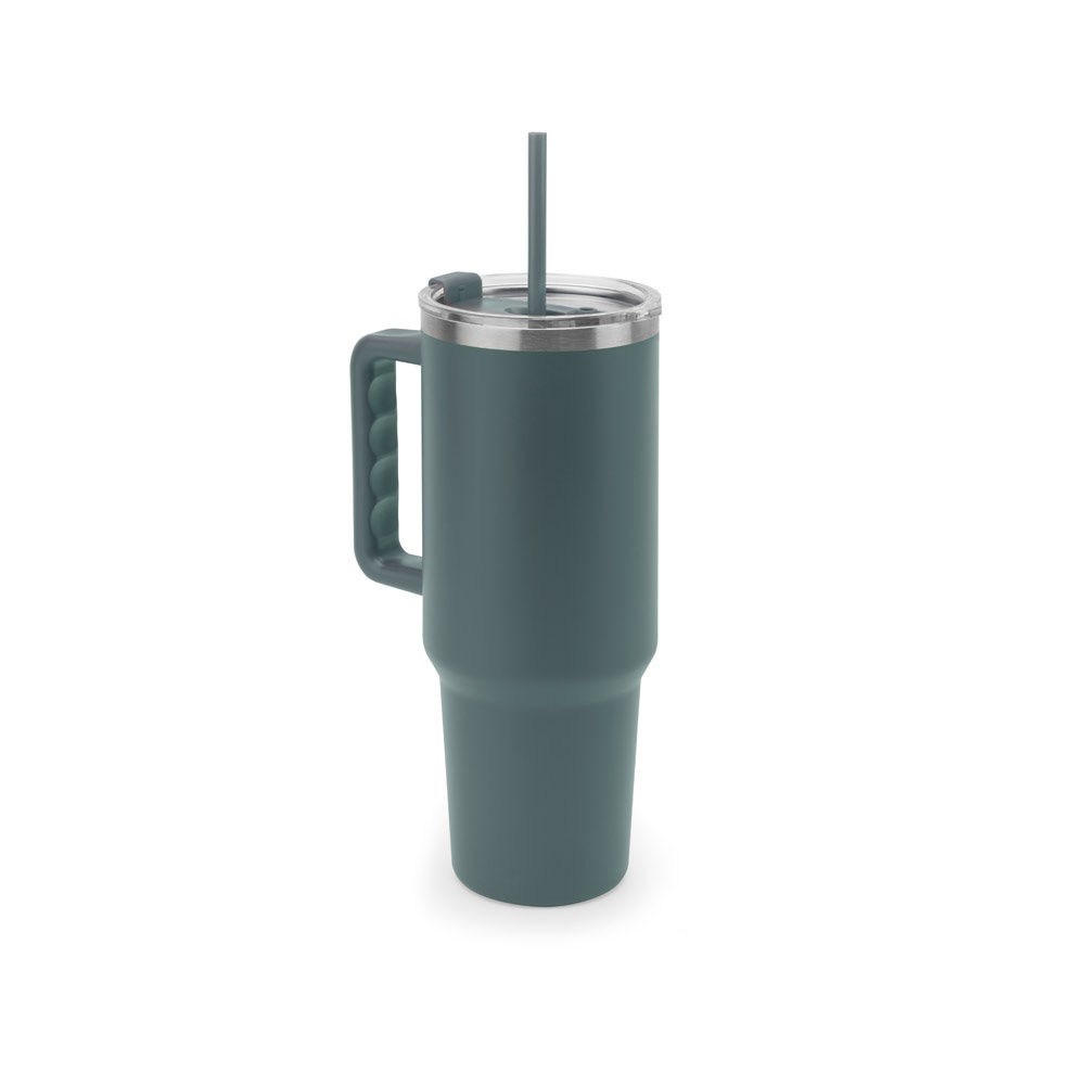 Copo de viagem térmico 1,3 litro em aço inox reciclado com canudo personalizado com a logo da empresa, na cor verde tropa