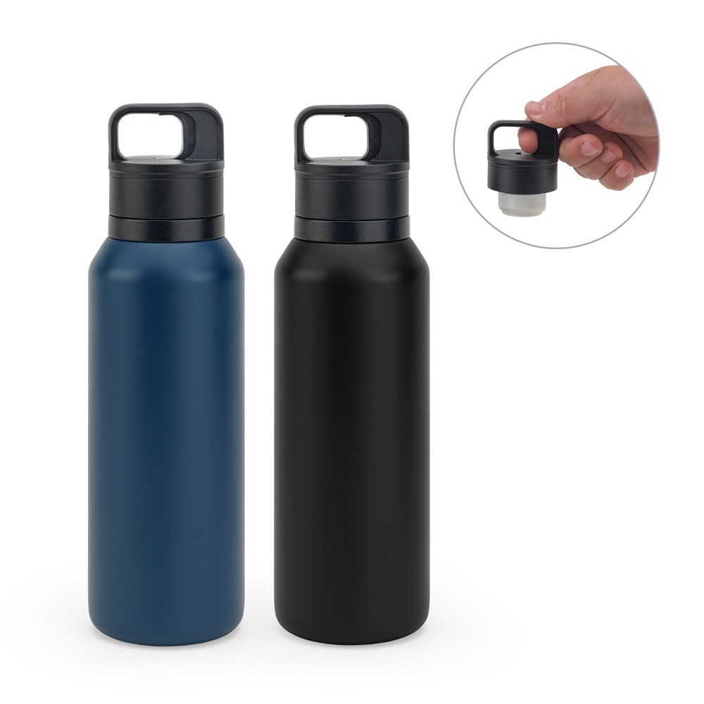 Garrafa térmica 590 ml em aço inox reciclado com tampa de botão personalizada com a logo da empresa