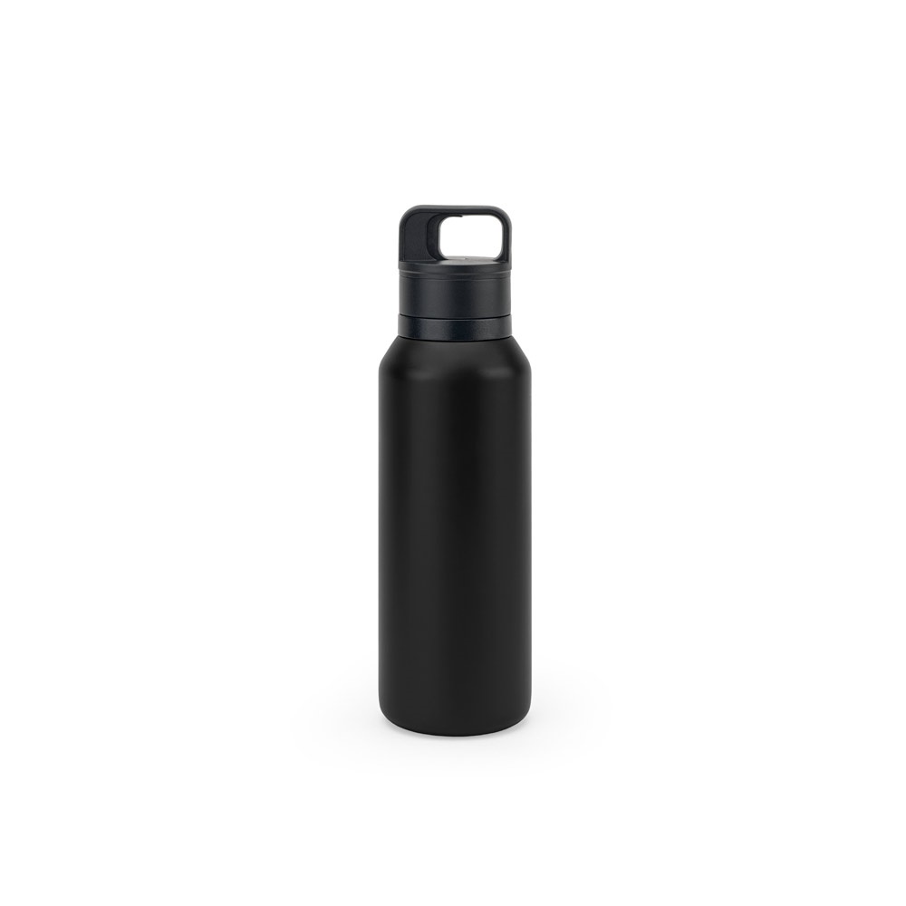 Garrafa térmica 590 ml em aço inox reciclado com tampa de botão na cor Preto, personalizada com a logo da empresa