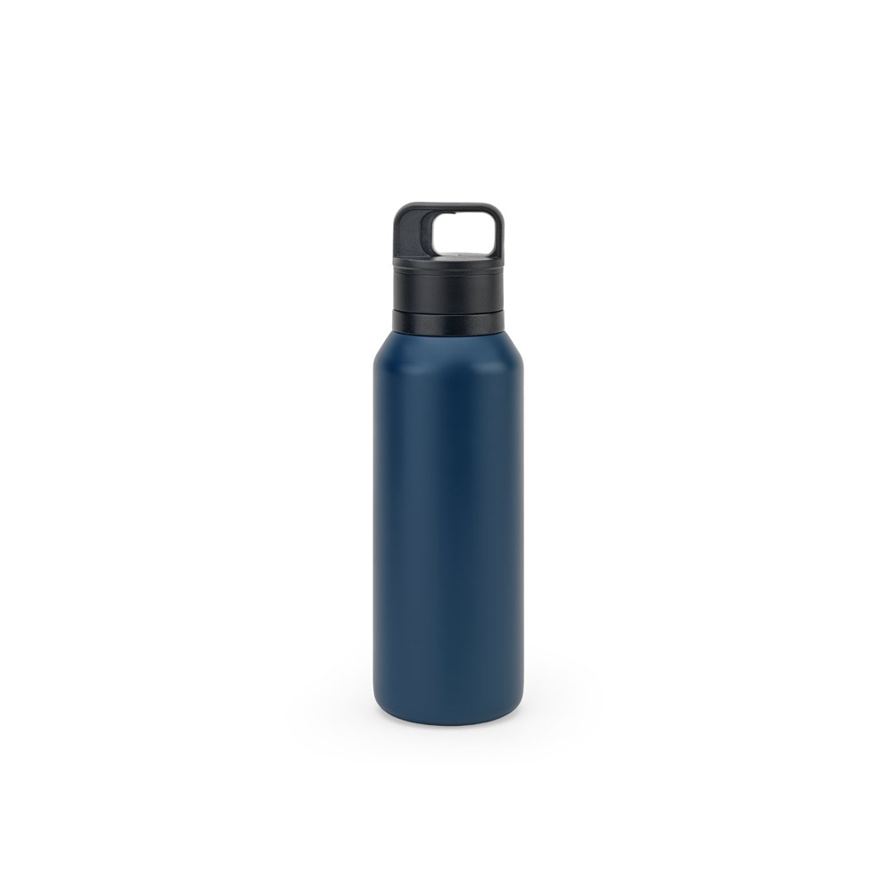 Garrafa térmica 590 ml em aço inox reciclado com tampa de botão personalizada com a logo da empresa, na cor azul marinho