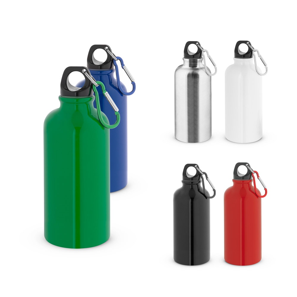 Squeeze esportivo 560 ml em aço inox brilhante com mosquetão personalizado com a logo da empresa