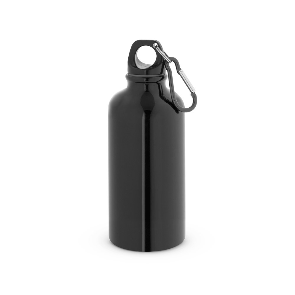 Squeeze esportivo 560 ml em aço inox brilhante com mosquetão na cor Preto, personalizado com a logo da empresa