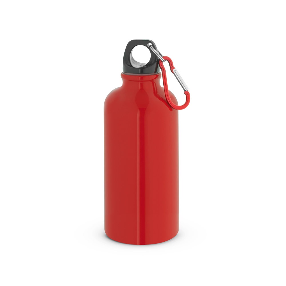 Squeeze esportivo 560 ml em aço inox brilhante com mosquetão personalizado com a logo da empresa, na cor vermelho