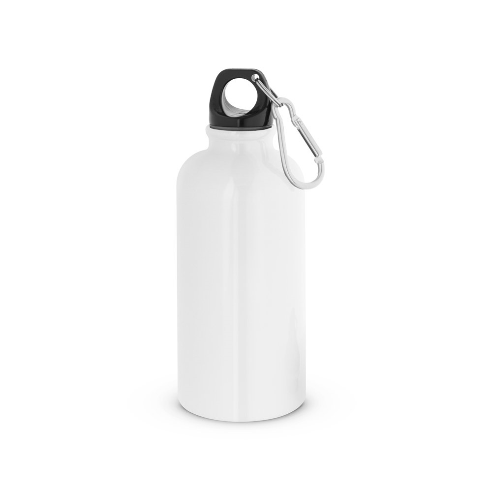 Squeeze esportivo 560 ml em aço inox brilhante com mosquetão personalizado com a logo da empresa, na cor branco