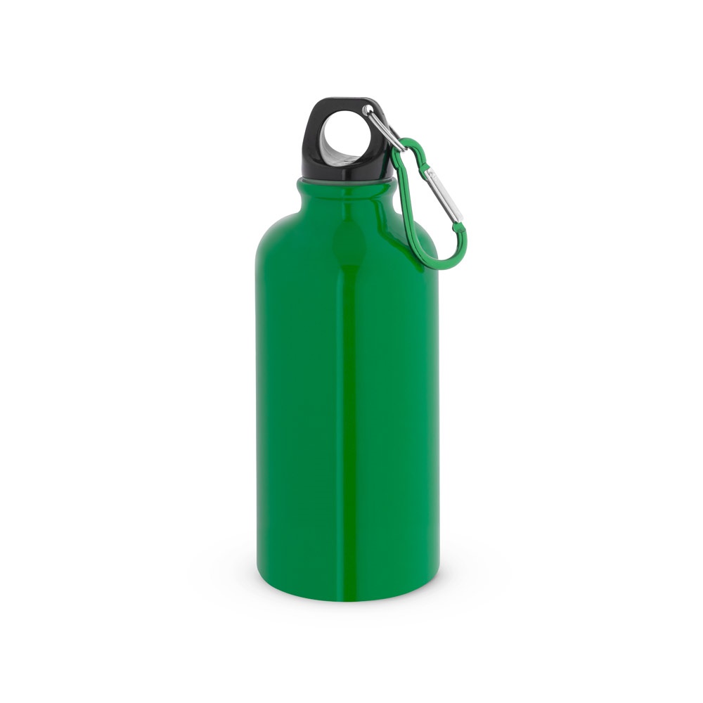 Squeeze esportivo 560 ml em aço inox brilhante com mosquetão personalizado com a logo da empresa, na cor verde