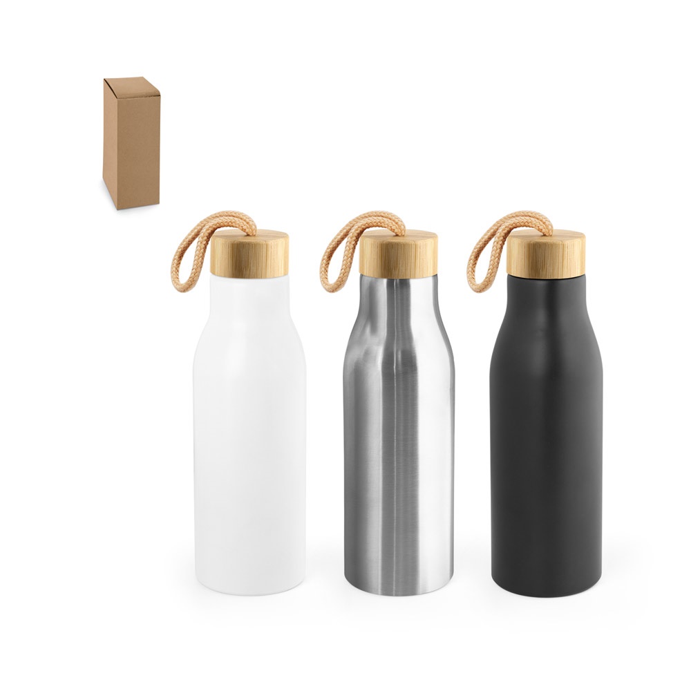 Squeeze 570 ml em aço inox reciclado com tampa de bambu e alça personalizado com a logo da empresa