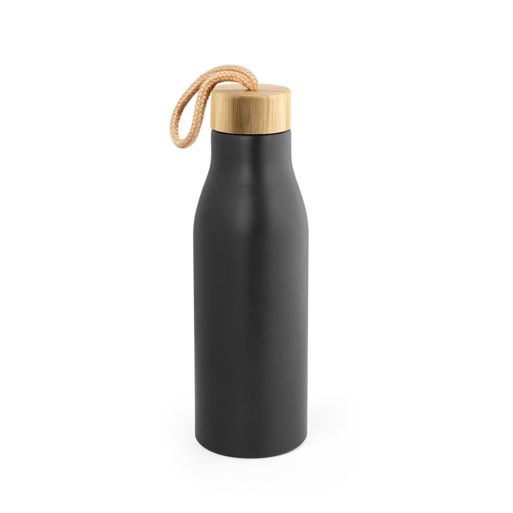Squeeze 570 ml em aço inox reciclado com tampa de bambu e alça na cor Preto, personalizado com a logo da empresa