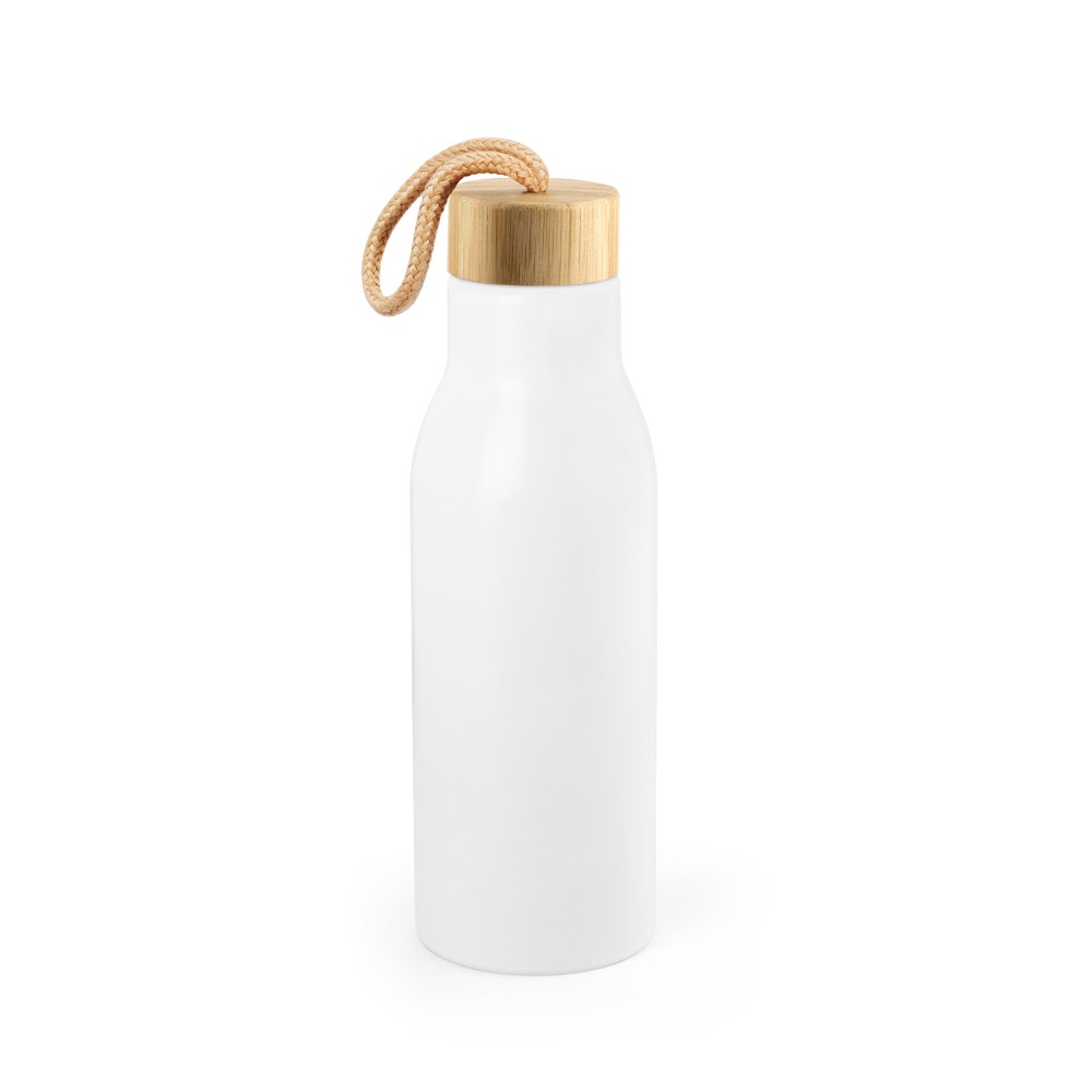 Squeeze 570 ml em aço inox reciclado com tampa de bambu e alça personalizado com a logo da empresa, na cor branco