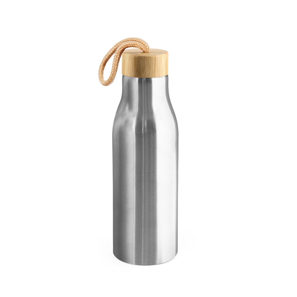 Squeeze 570 ml em aço inox reciclado com tampa de bambu e alça personalizado com a logo da empresa, na cor cromado satinado