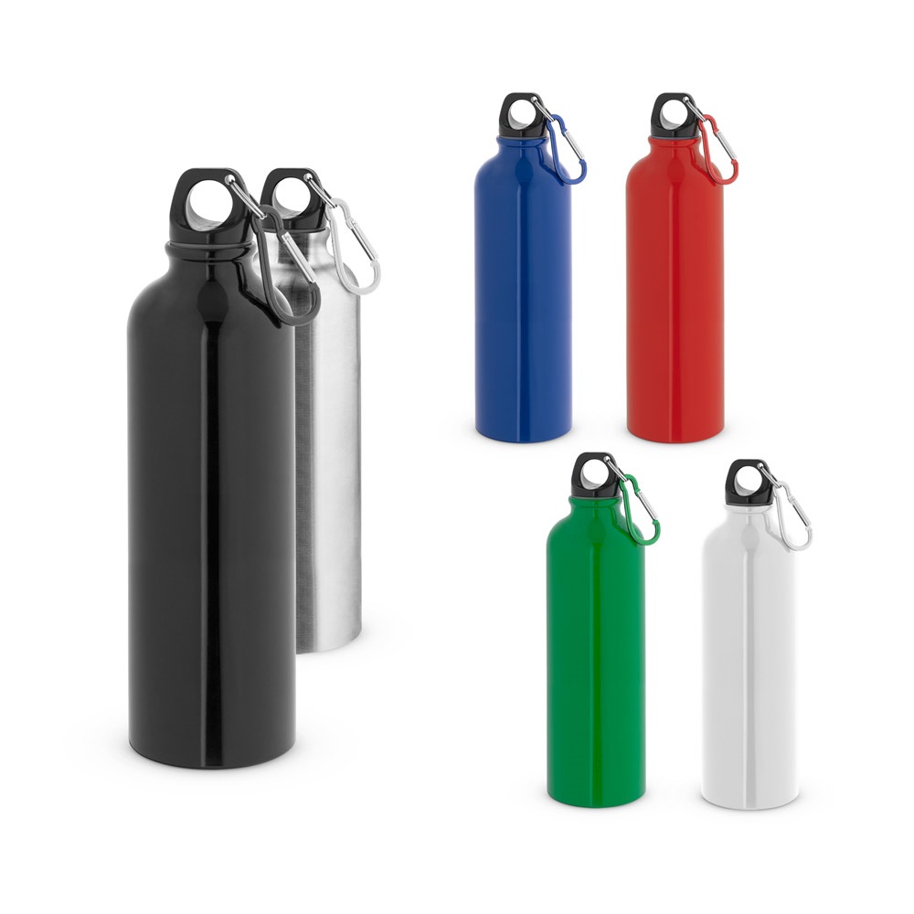 Squeeze esportiva em aço inox de parede simples (790 ml) com mosquetão personalizado com a logo da empresa