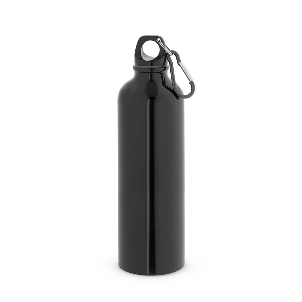 Squeeze esportiva em aço inox de parede simples (790 ml) com mosquetão na cor Preto, personalizado com a logo da empresa