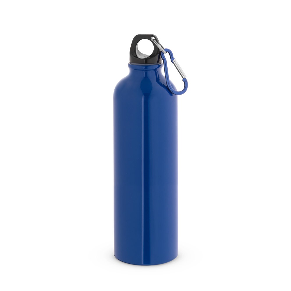 Squeeze esportiva em aço inox de parede simples (790 ml) com mosquetão personalizado com a logo da empresa, na cor azul