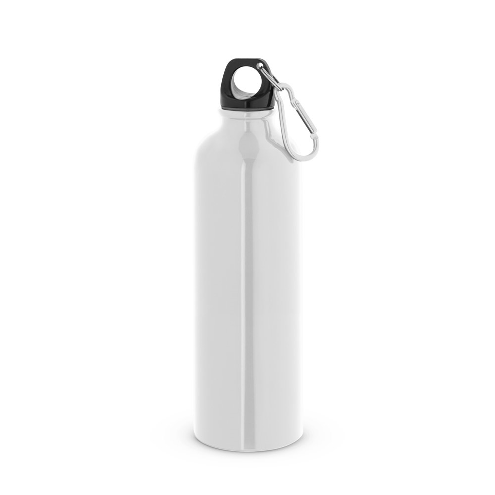 Squeeze esportiva em aço inox de parede simples (790 ml) com mosquetão personalizado com a logo da empresa, na cor branco