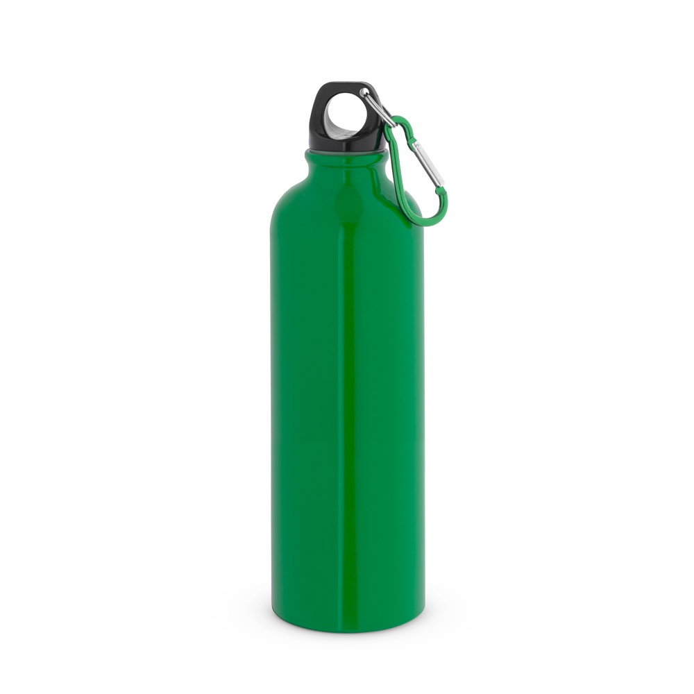 Squeeze esportiva em aço inox de parede simples (790 ml) com mosquetão personalizado com a logo da empresa, na cor verde
