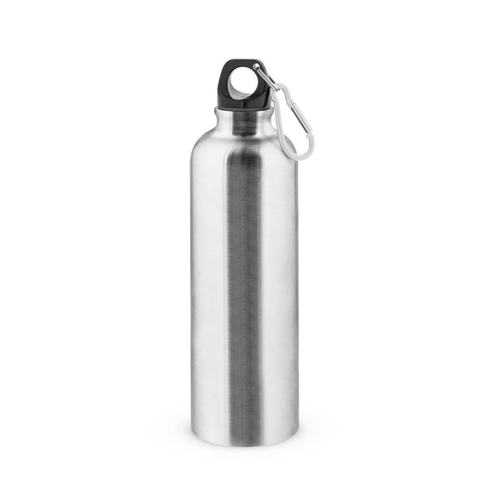 Squeeze esportiva em aço inox de parede simples (790 ml) com mosquetão personalizado com a logo da empresa, na cor cromado satinado