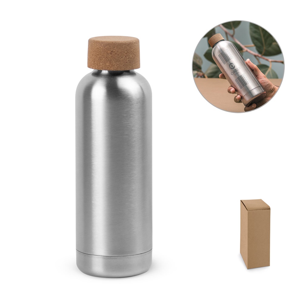 Squeeze em aço inox de parede simples com tampa em cortiça (760 ml) personalizado com a logo da empresa