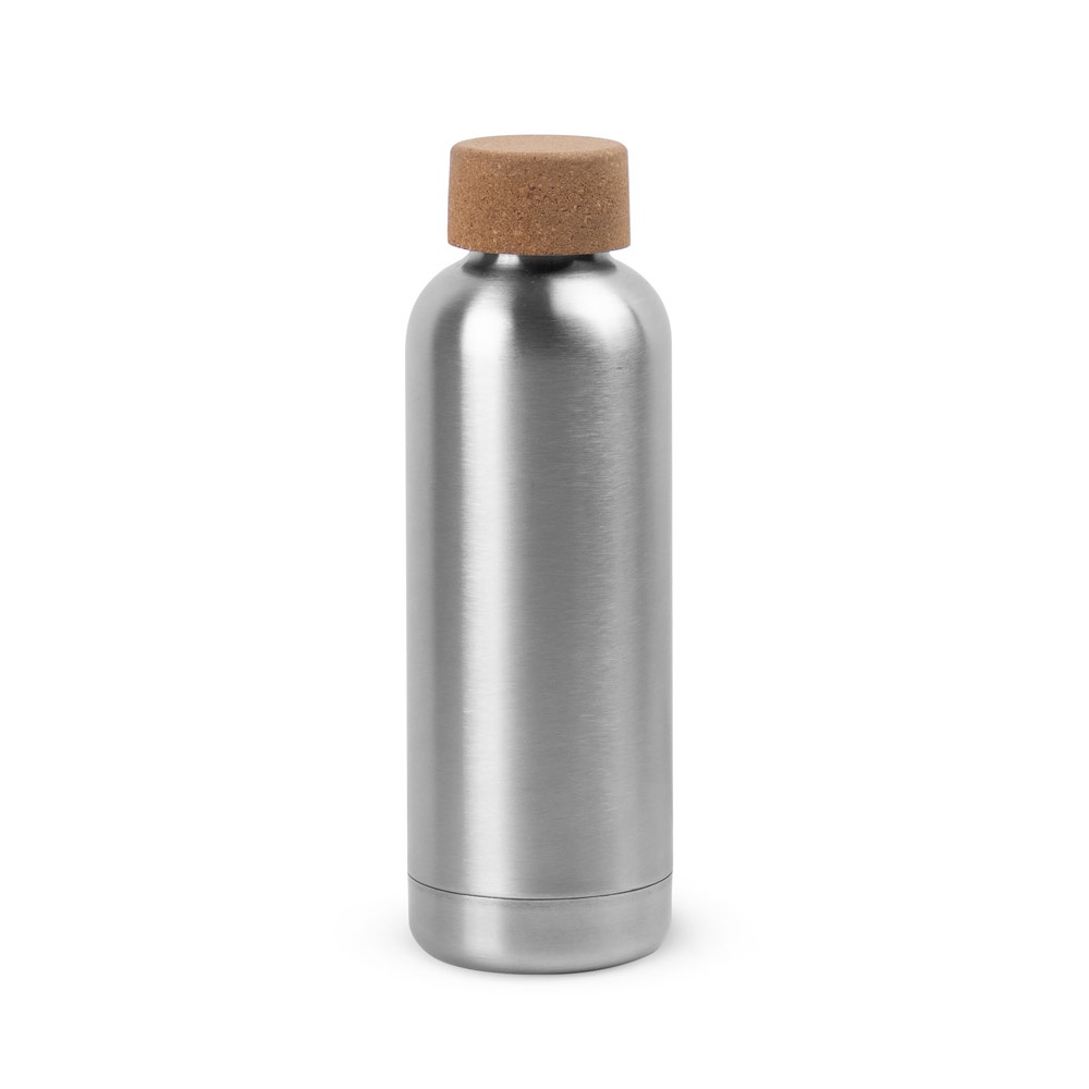Squeeze em aço inox de parede simples com tampa em cortiça (760 ml) na cor Cromado satinado, personalizado com a logo da empresa
