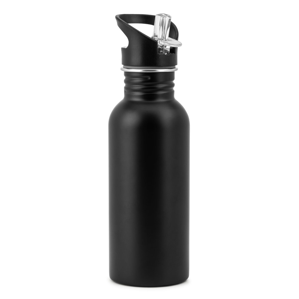 Garrafa em aço inox com parede simples e canudo