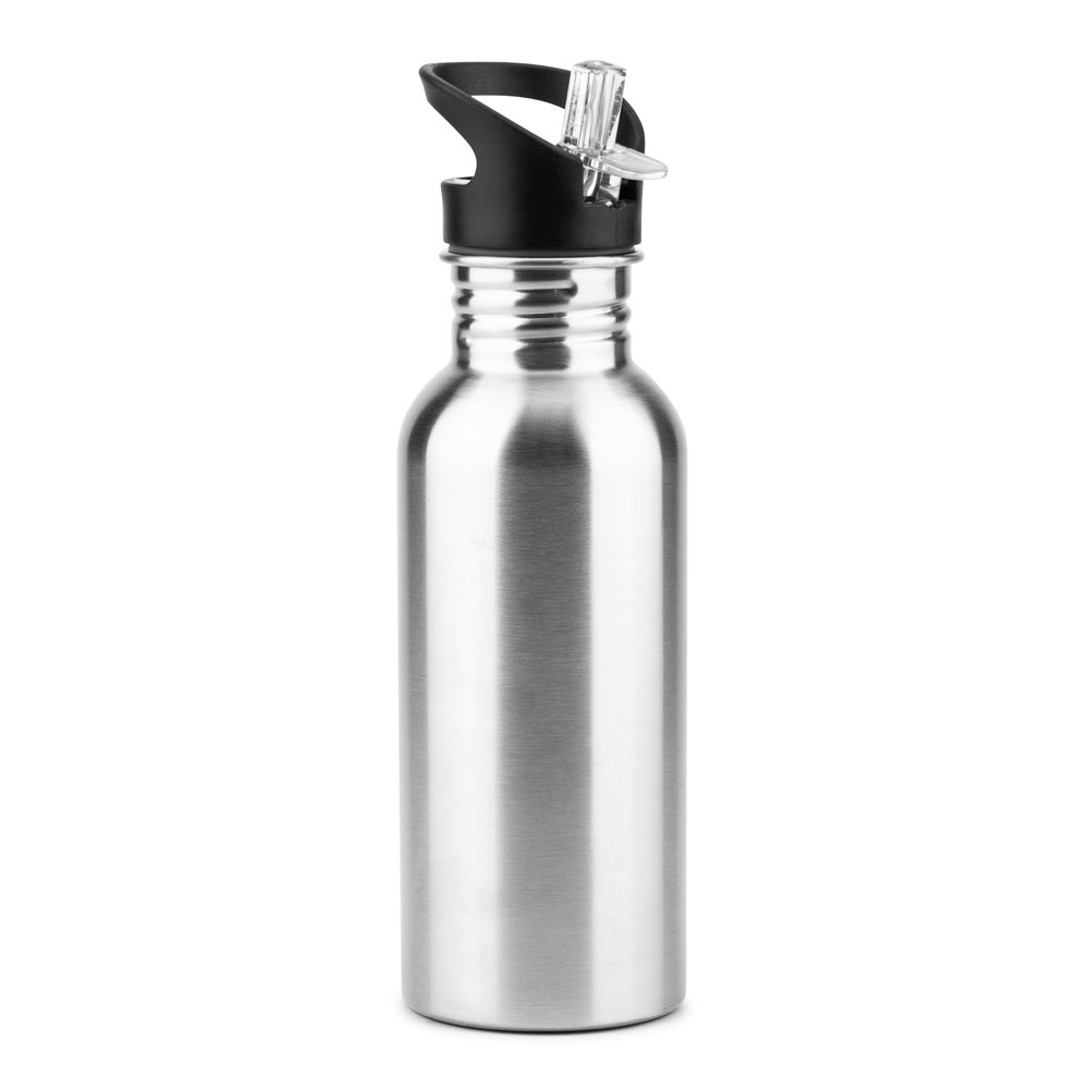 Garrafa em aço inox com parede simples e canudo personalizada com a logo da empresa, na cor cromado satinado