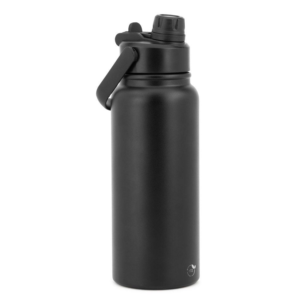 Garrafa em aço inox 90% reciclado, com parede dupla isolada a vácuo (830 ml) na cor Preto, personalizada com a logo da empresa