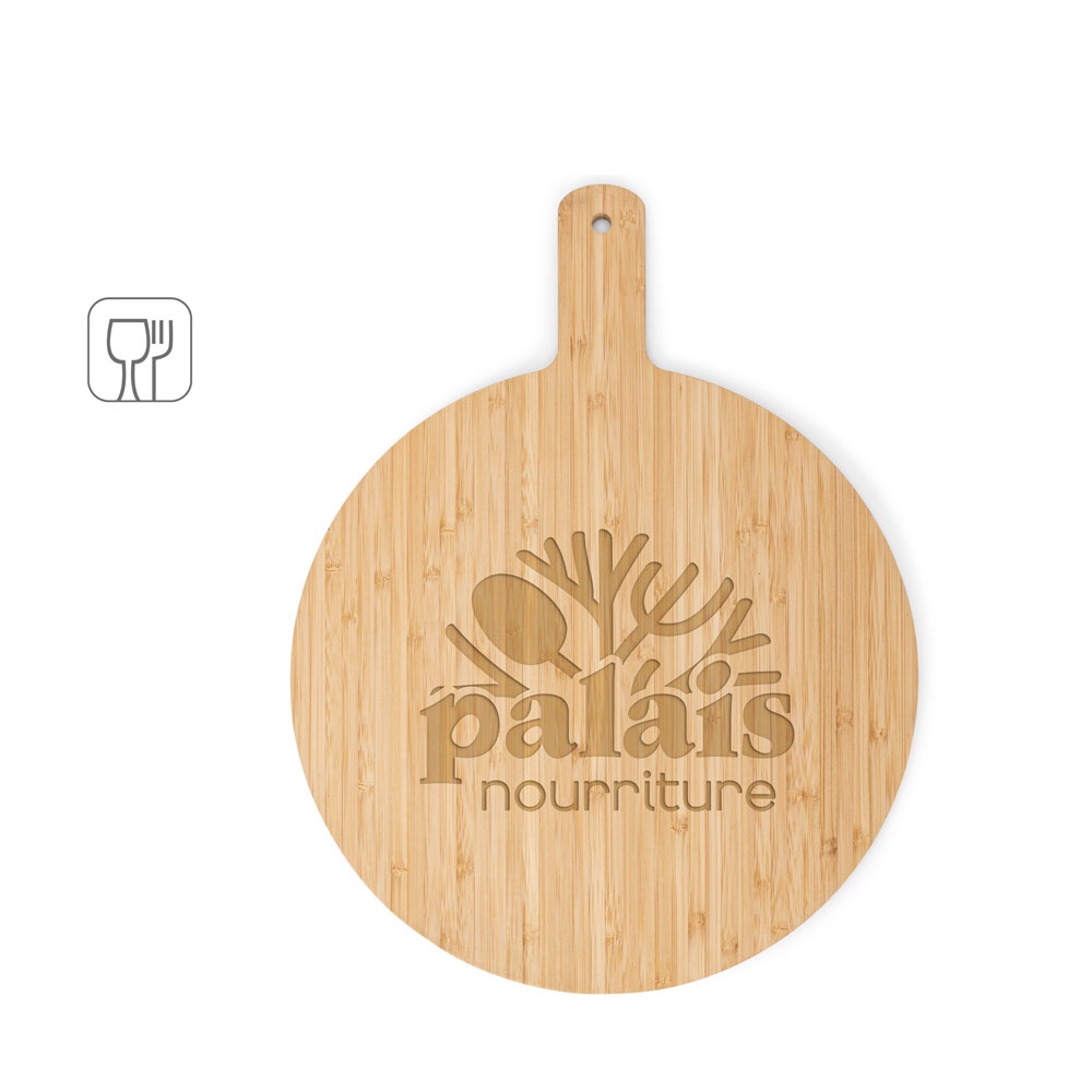 Tábua de servir em bambu com formato redondo personalizada com a logo da empresa