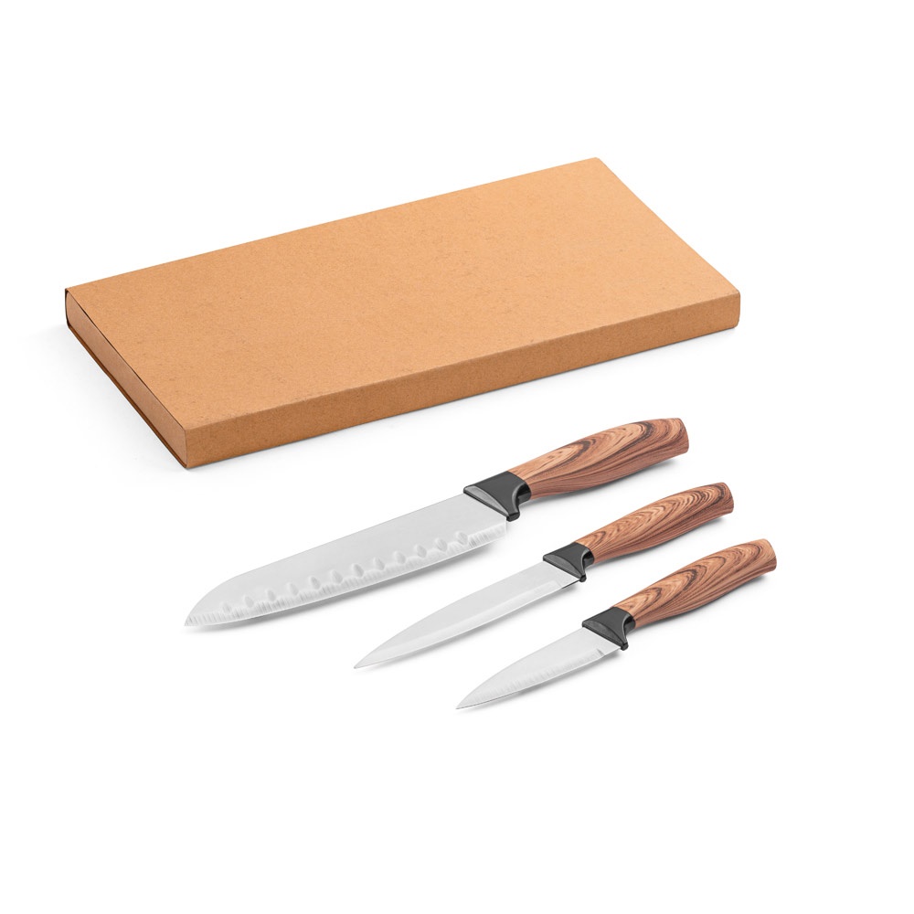 Conjunto de 3 facas de cozinha com lâmina em aço inox e cabo ergonômico na cor Natural, personalizado com a logo da empresa
