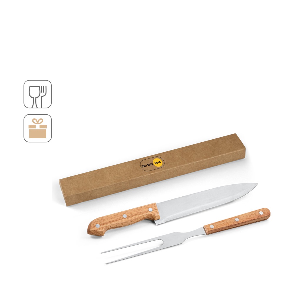 Kit churrasco em caixa presente de papel kraft reciclado com 2 utensílios em aço inox e bambu, foto 1