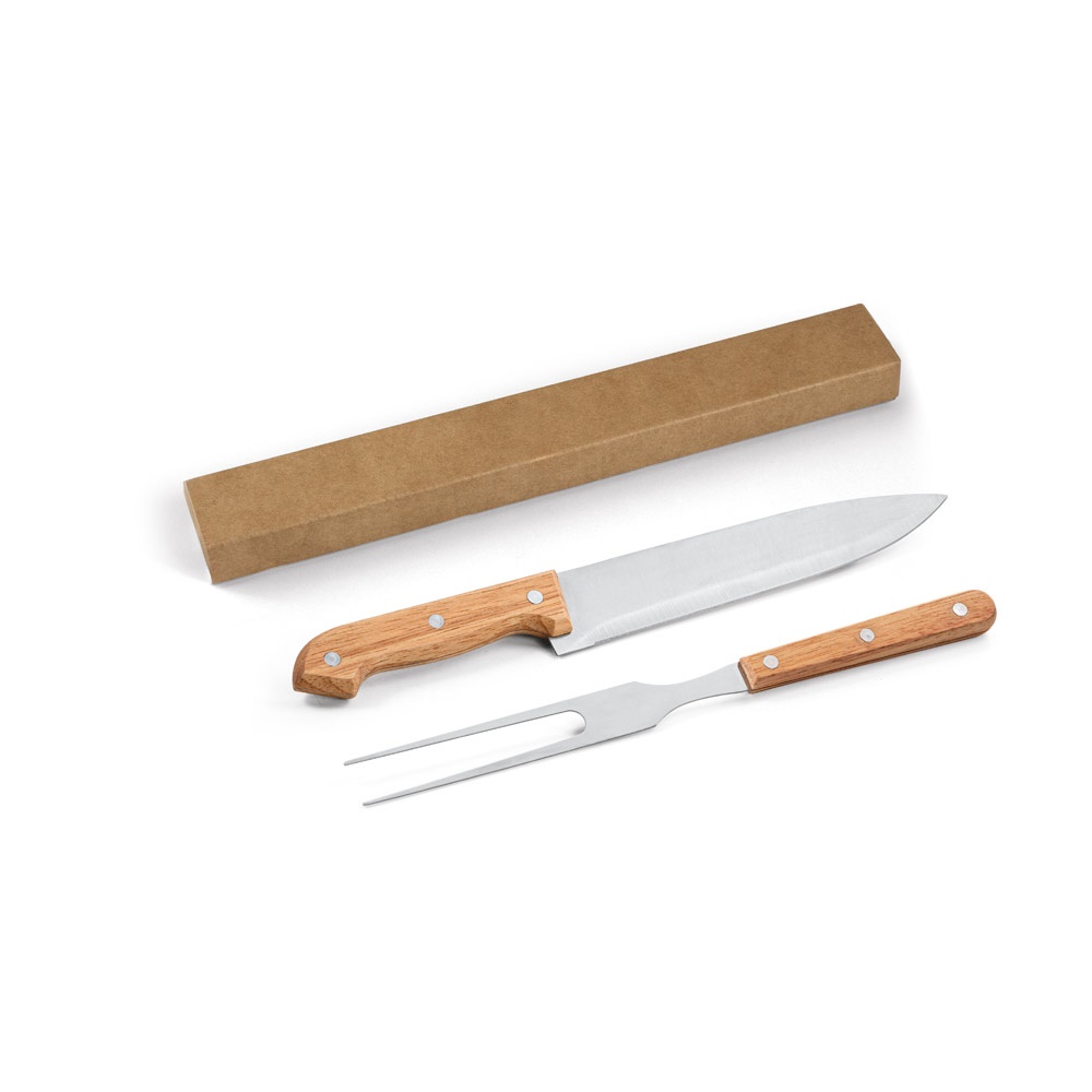 Kit churrasco em caixa presente de papel kraft reciclado com 2 utensílios em aço inox e bambu na cor Natural, personalizado com a logo da empresa