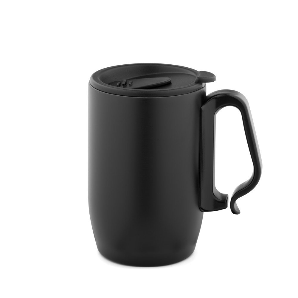 Caneca de viagem térmica em aço inox (400 ml) com mosquetão na cor Preto, personalizada com a logo da empresa