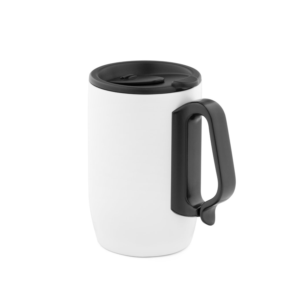 Caneca de viagem térmica em aço inox (400 ml) com mosquetão personalizada com a logo da empresa, na cor branco