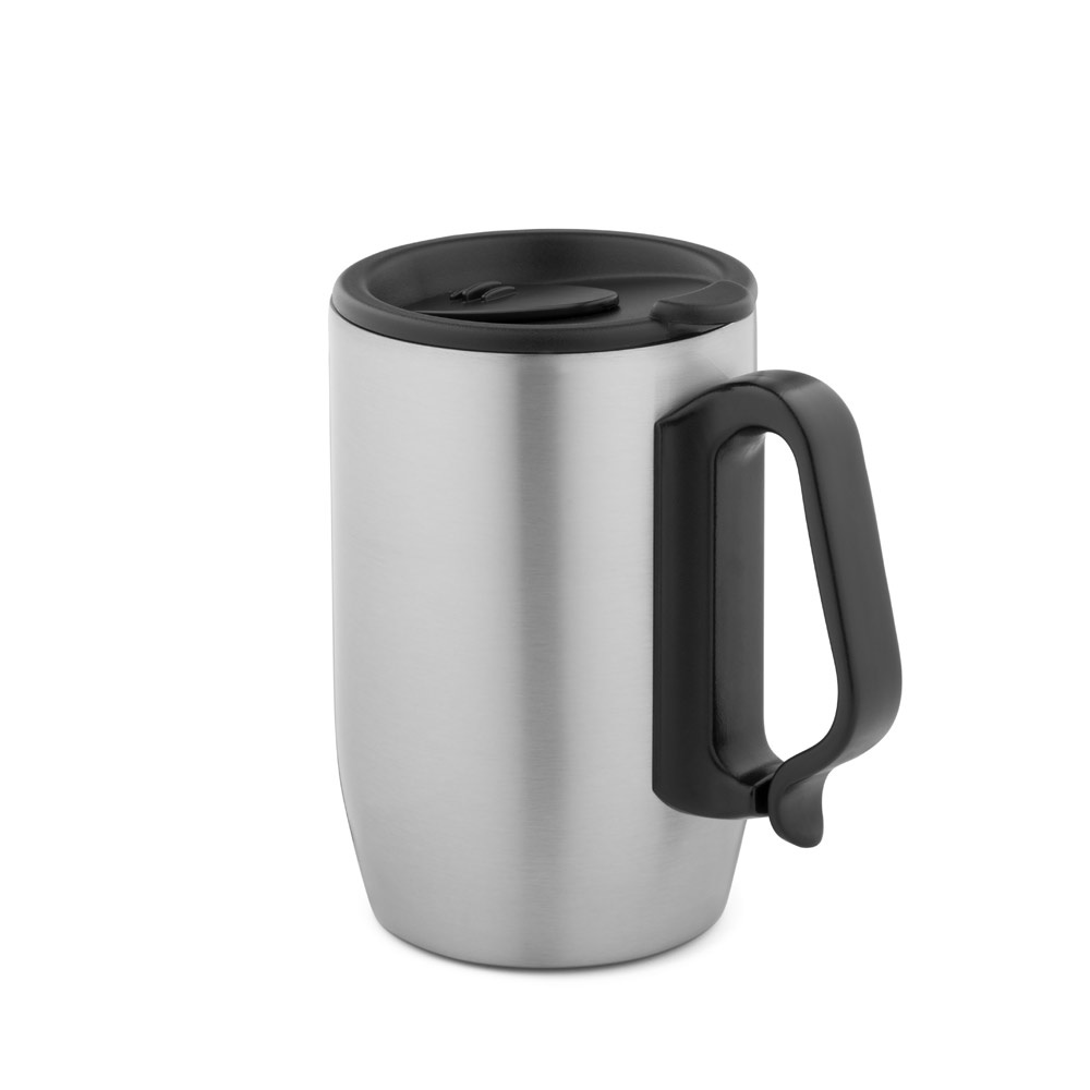Caneca de viagem térmica em aço inox (400 ml) com mosquetão personalizada com a logo da empresa, na cor cromado satinado
