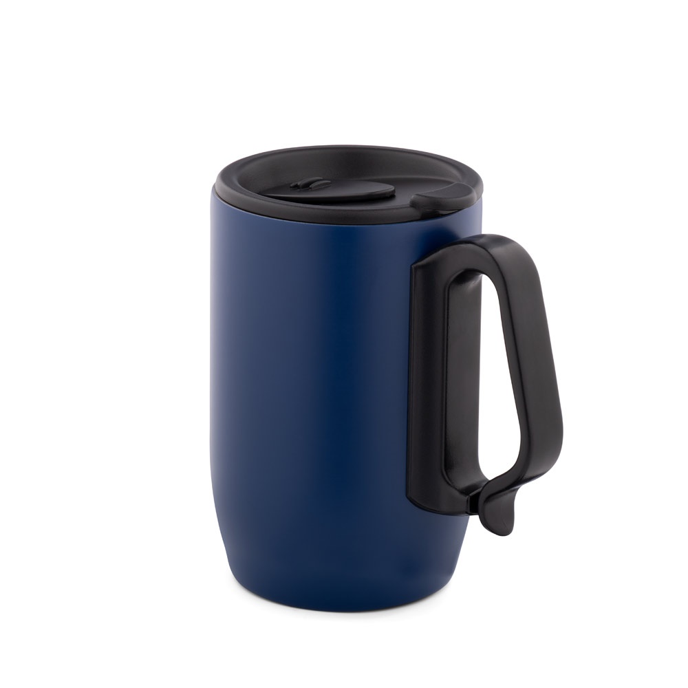 Caneca de viagem térmica em aço inox (400 ml) com mosquetão personalizada com a logo da empresa, na cor azul marinho