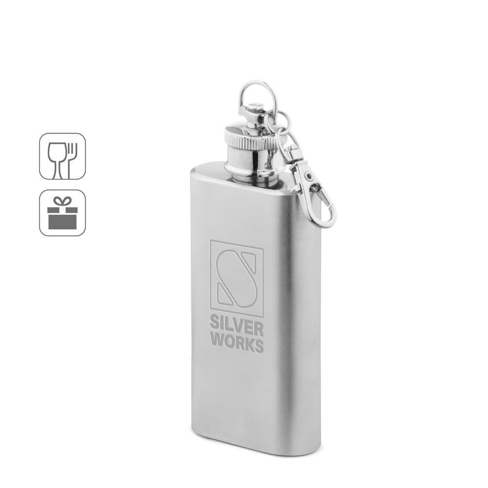 Garrafa de bolso em aço inox (50 ml) com mosquetão personalizada com a logo da empresa