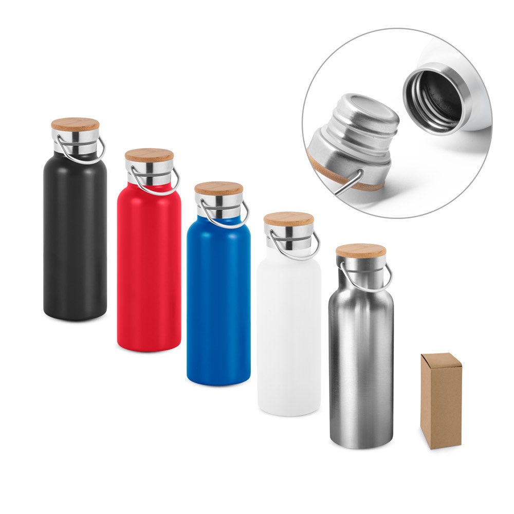 Garrafa térmica em aço inox 570 ml com tampa de bambu e alça personalizada com a logo da empresa