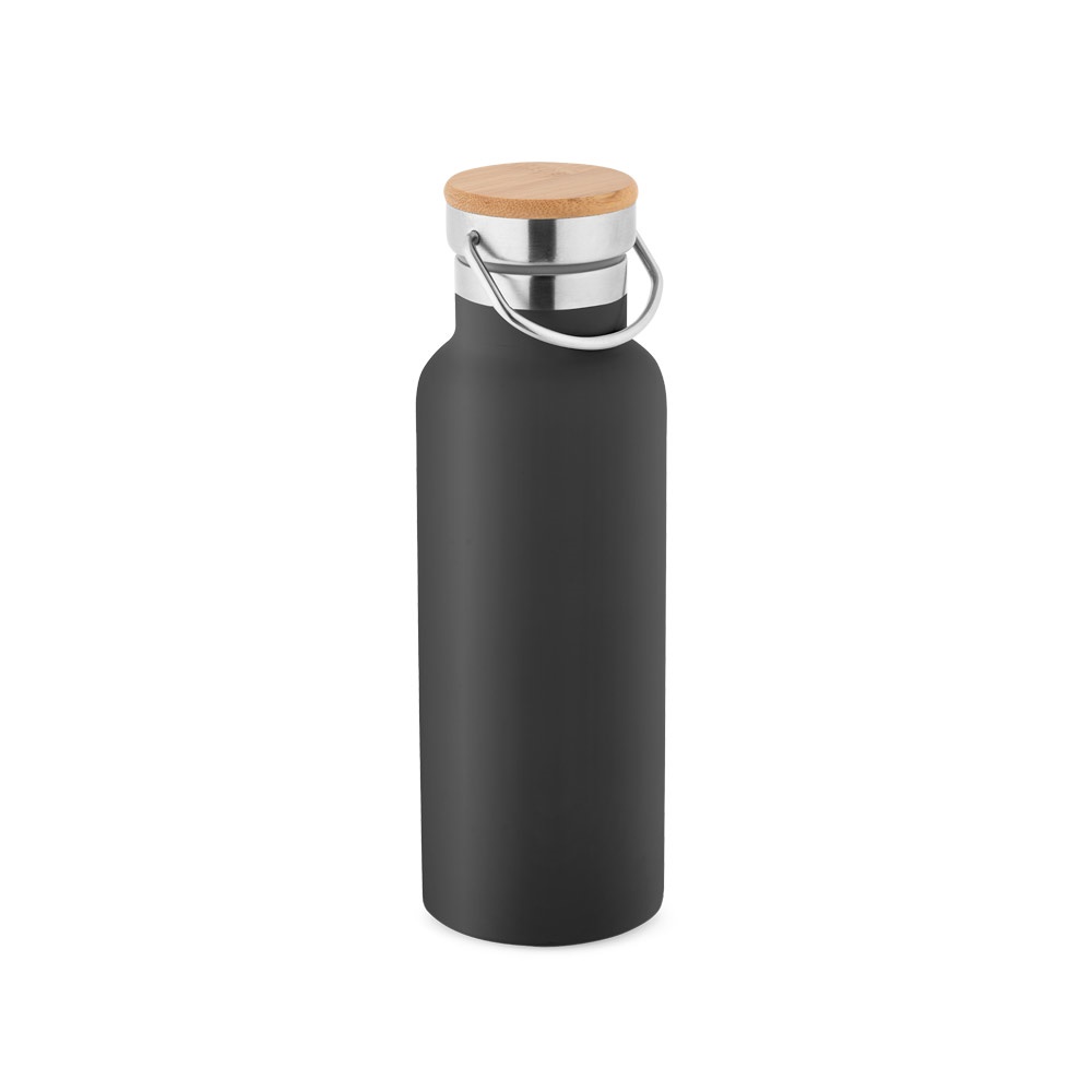 Garrafa térmica em aço inox 570 ml com tampa de bambu e alça na cor Preto, personalizada com a logo da empresa