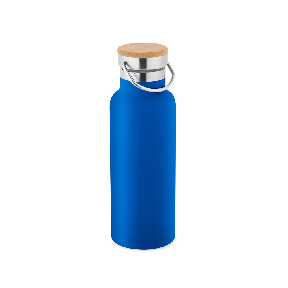 Garrafa térmica em aço inox 570 ml com tampa de bambu e alça personalizada com a logo da empresa, na cor azul