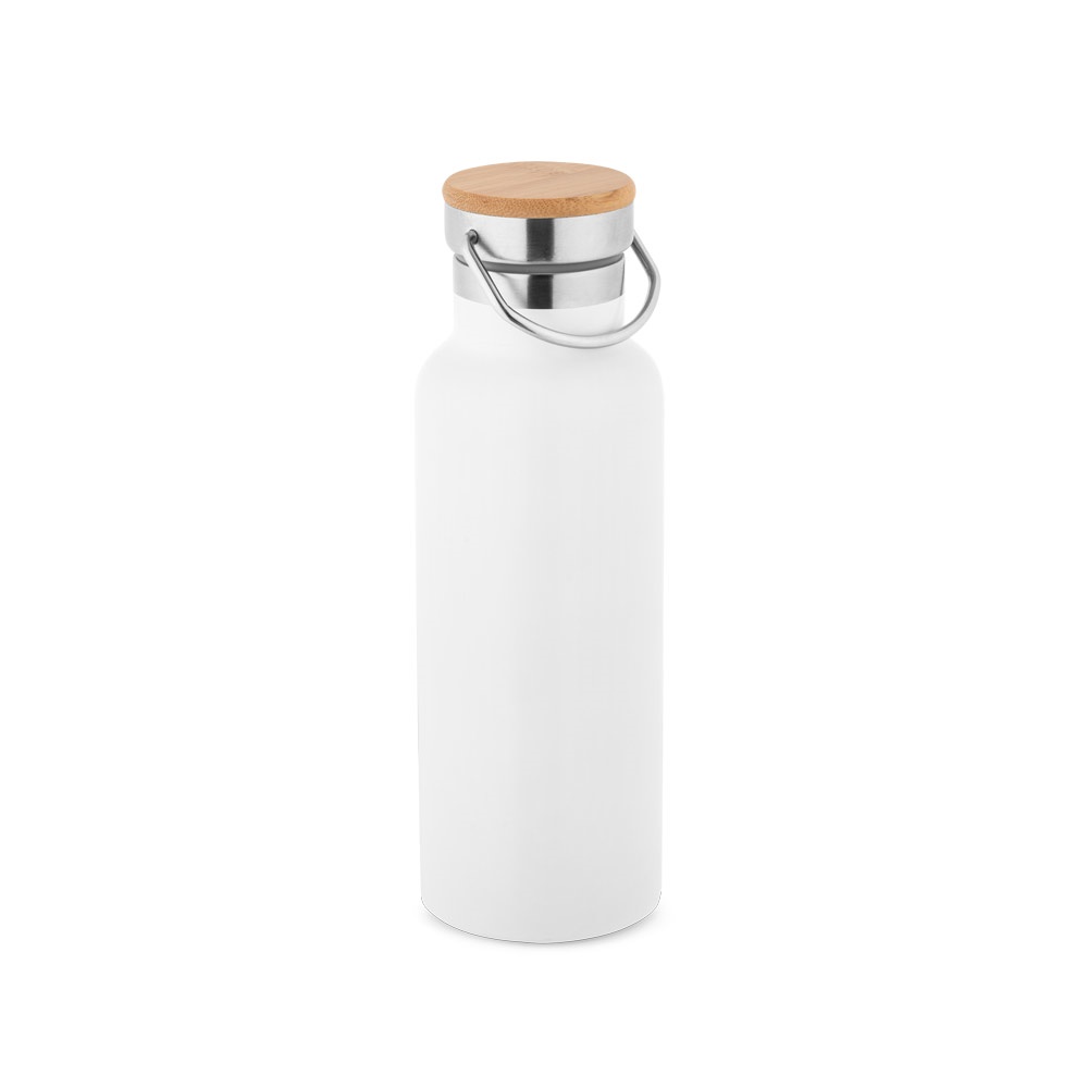 Garrafa térmica em aço inox 570 ml com tampa de bambu e alça personalizada com a logo da empresa, na cor branco