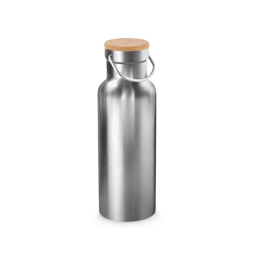 Garrafa térmica em aço inox 570 ml com tampa de bambu e alça personalizada com a logo da empresa, na cor cromado satinado