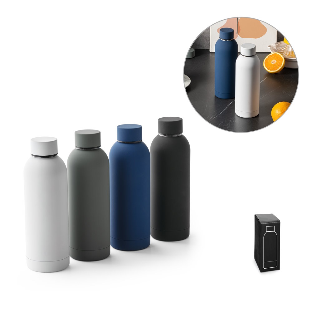 Garrafa térmica 550 ml em aço inox reciclado emborrachada personalizada com a logo da empresa