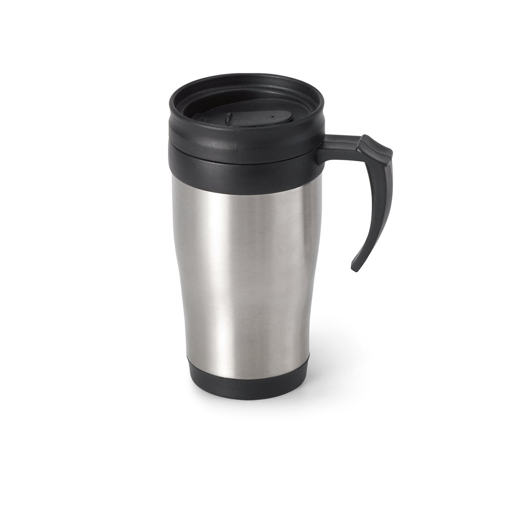 Caneca de viagem térmica em aço inox e PP 420 ml personalizada com a logo da empresa