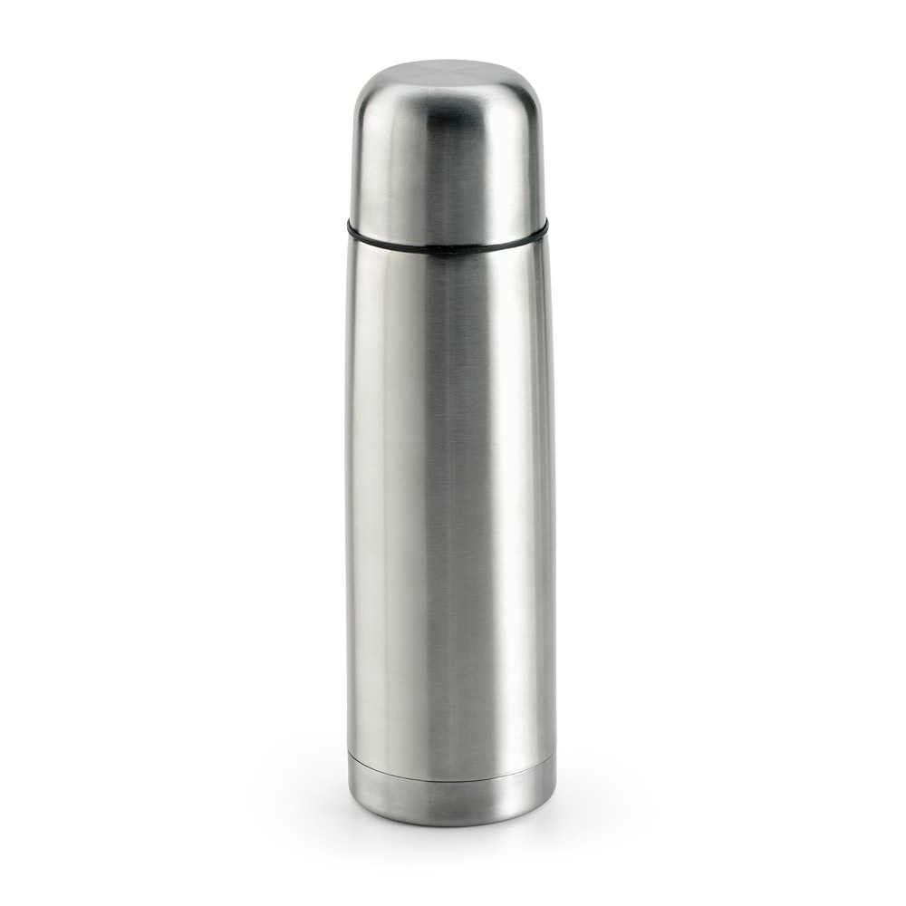 Garrafa térmica em aço inox 500 ml com tampa-copo e botão na cor Cromado, personalizada com a logo da empresa