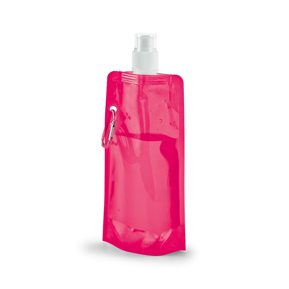 Squeeze dobrável 460 ml em PE translúcido com mosquetão personalizado com a logo da empresa, na cor rosa
