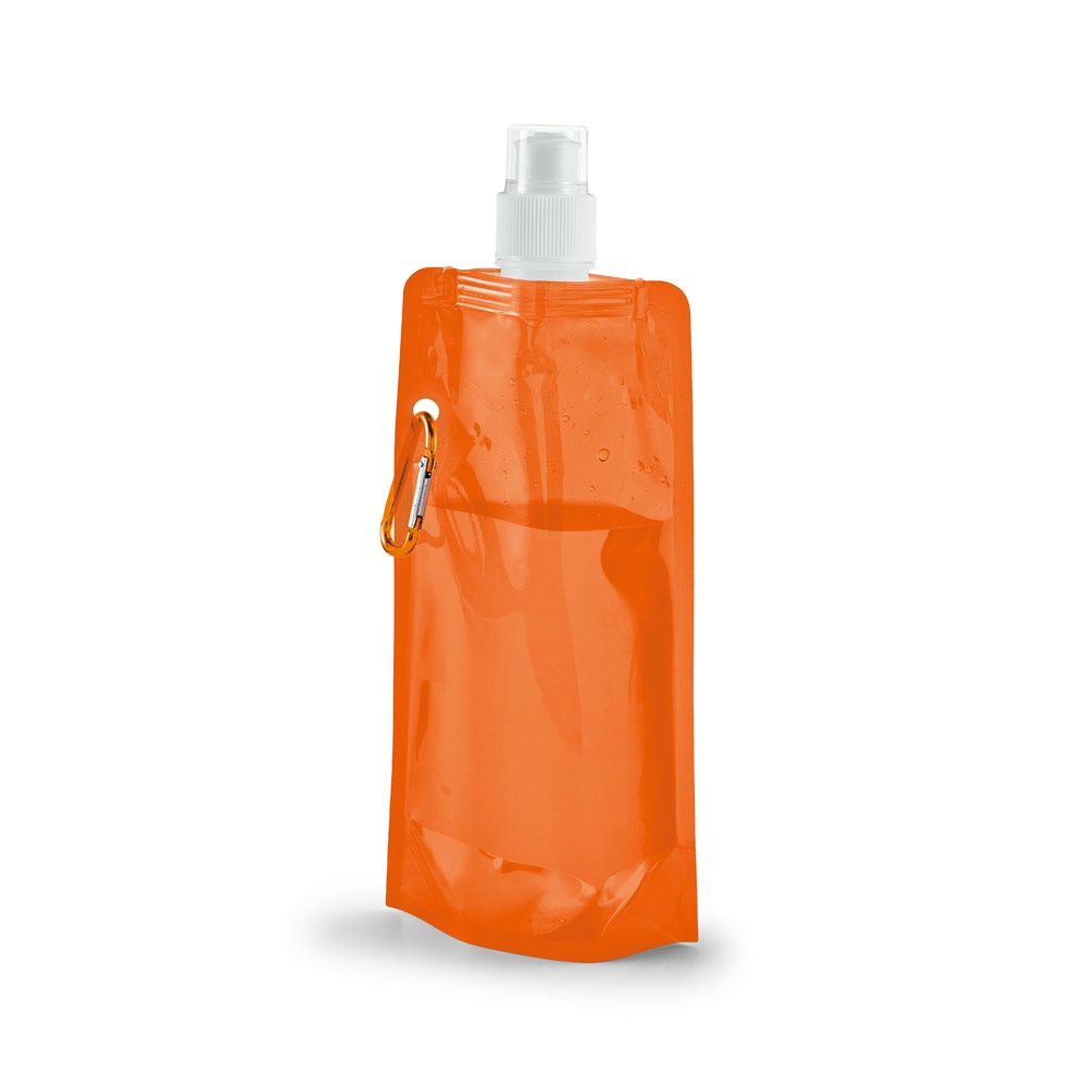 Squeeze dobrável 460 ml em PE translúcido com mosquetão personalizado com a logo da empresa, na cor laranja