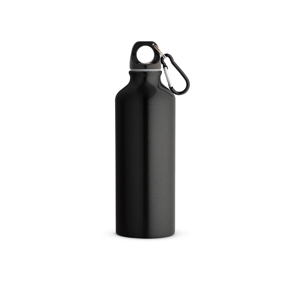 Squeeze em alumínio com mosquetão (530 ml) na cor Preto, personalizado com a logo da empresa