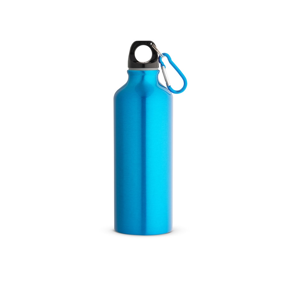 Squeeze em alumínio com mosquetão (530 ml) personalizado com a logo da empresa, na cor azul claro