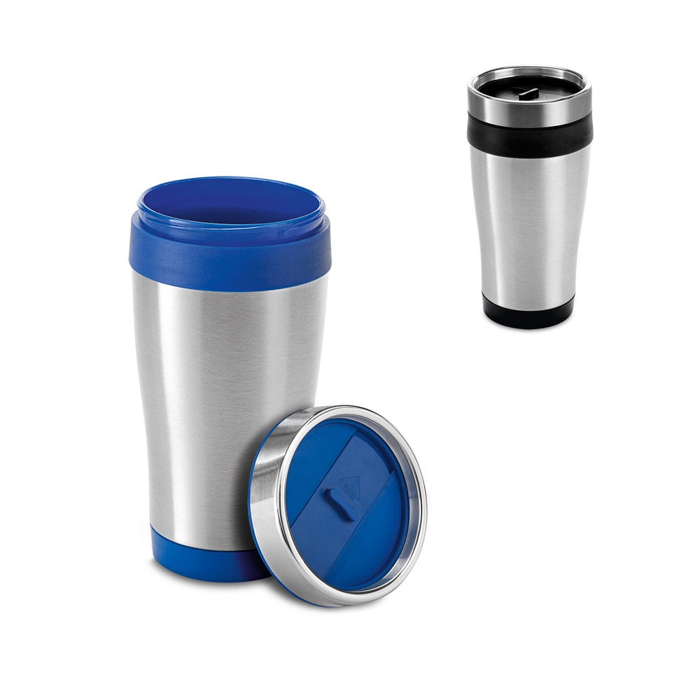 Copo de viagem térmico em aço inox e PP 420 ml com fecho fácil personalizado com a logo da empresa