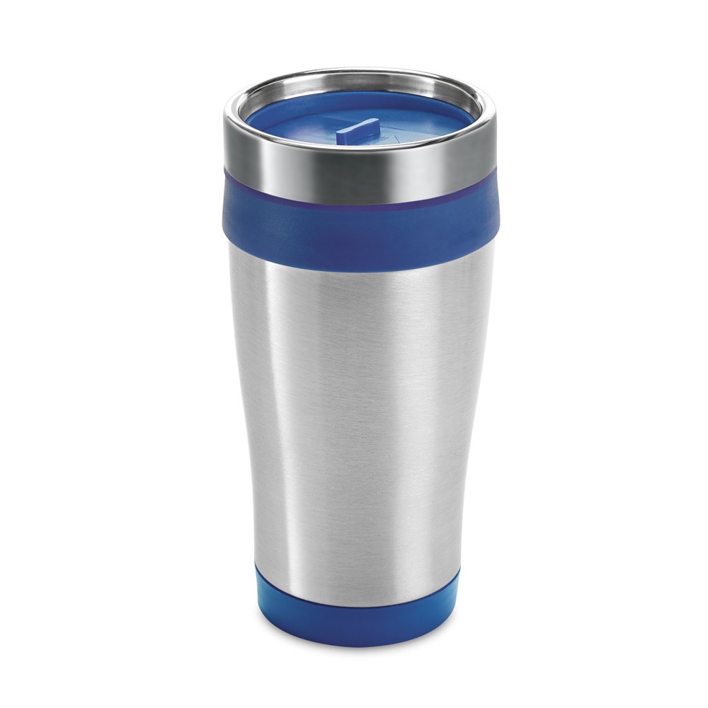 Copo de viagem térmico em aço inox e PP 420 ml com fecho fácil personalizado com a logo da empresa, na cor azul royal