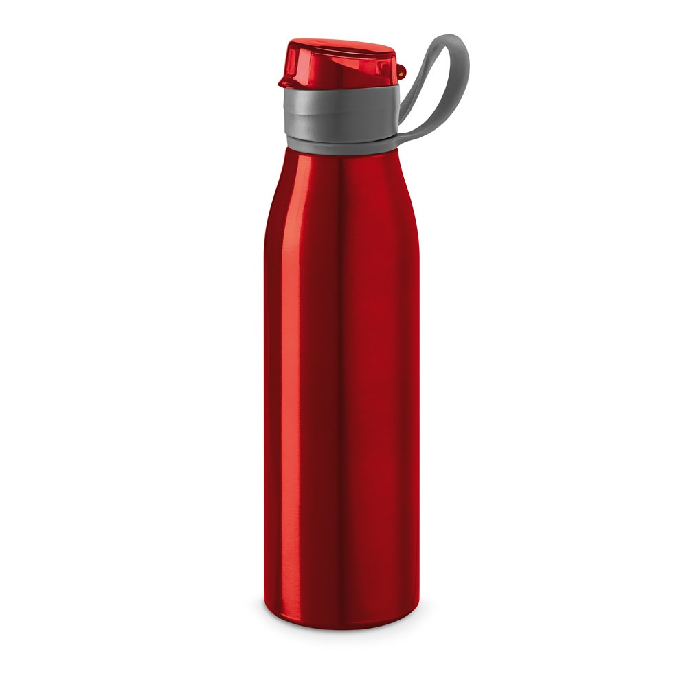 Squeeze em alumínio com tampa flip flop em AS e PP (650 ml) personalizado com a logo da empresa, na cor vermelho