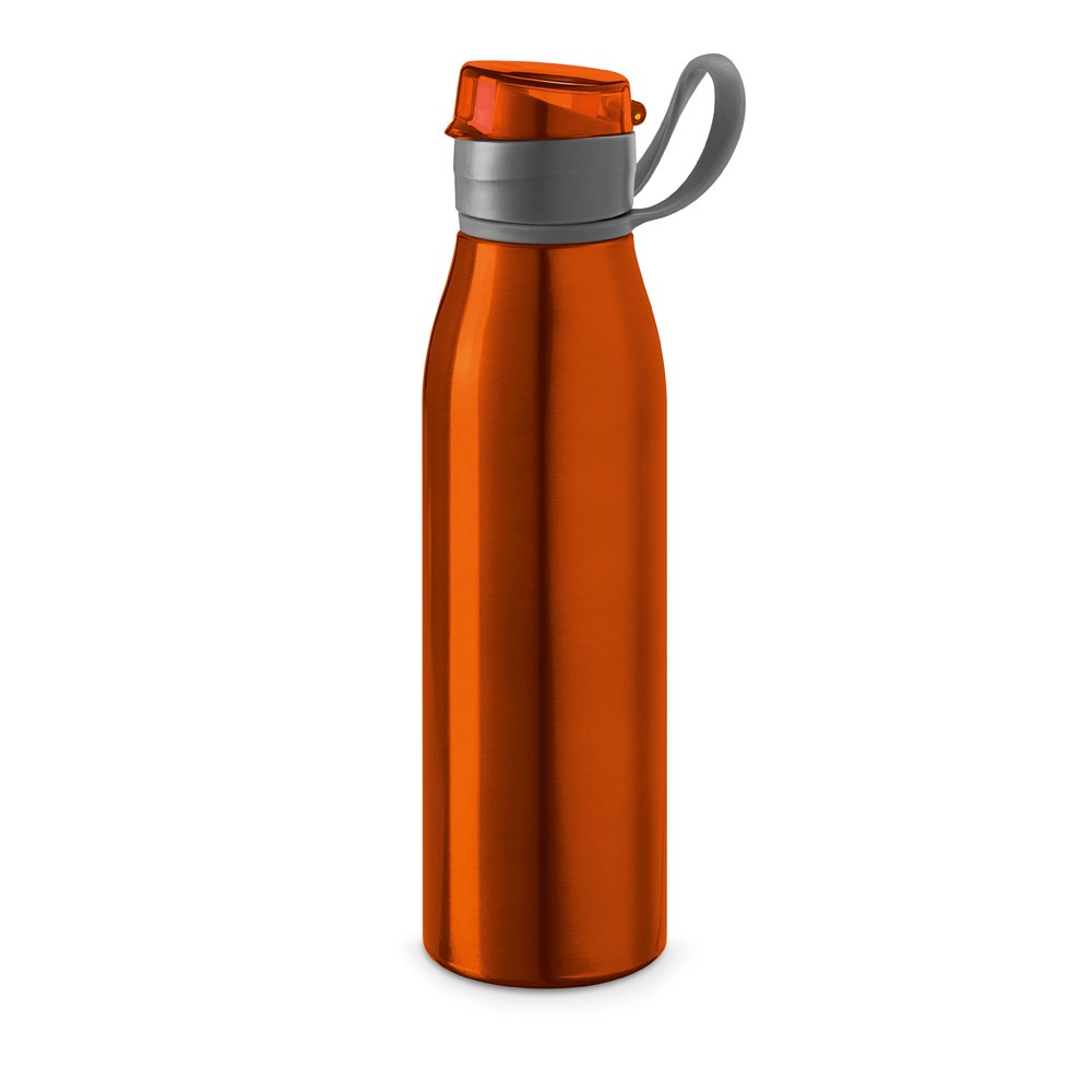 Squeeze em alumínio com tampa flip flop em AS e PP (650 ml) personalizado com a logo da empresa, na cor laranja